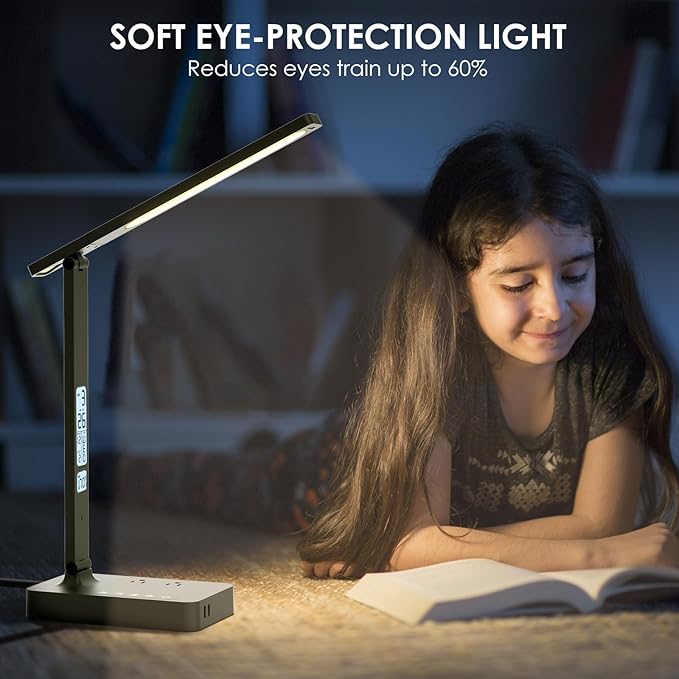 Desk Lamp with USB Charging Port: LED Eye-Caring Smart Table light for Home Office - 1 Type-C, 1 USB-A Charging Port, 2 AC Power Outlets. - LeafyLoom