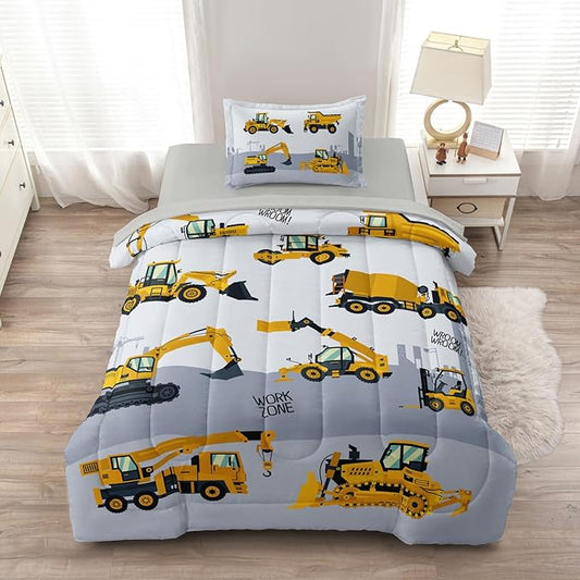 4-Pcs Construction Twin Size Boys Bedding Set, Kids Comforter Set for Teens with Sheets and Pillowcase, Soft Grey Tractor Cars Bed in a Bag Sets - LeafyLoom