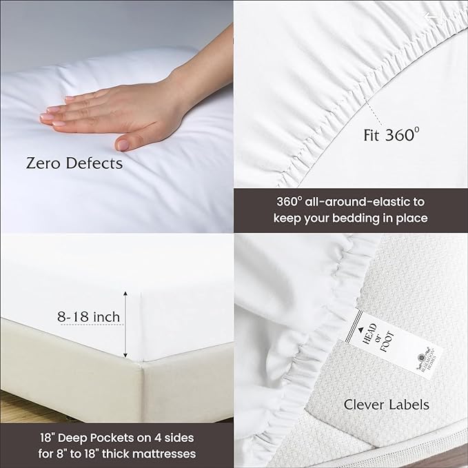 Bluemoon Homes 100% Egyptian Cotton Sheets Queen Size - 1000 Thread Count Sheets Queen Size Bed Sheet Set, Long Staple Bedding Sheets, Sateen Weave, Fits Upto 18" Mattress - White Queen Sheets - LeafyLoom