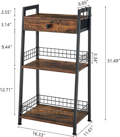 3-Tier Bathroom Ladder Shelf, Bathroom Floor Storage Organizer Shelf with Drawer, Small Freestanding Tower Shelf for Living Room, Bathroom, Bedroom - LeafyLoom