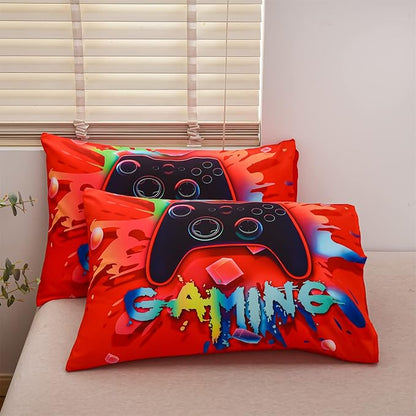 Aimuan Gaming Comforter Sets for Boys Kids Bedding Sets Video Games Console Action Buttons Novelty Colorful Game Gamepad Controller Modern Gamer Room Decor Home Quilt Set (Twin, Red) - LeafyLoom