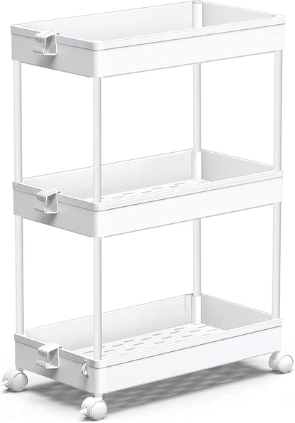 SPACEKEEPER Rolling Storage Cart 3 Tier, Bathroom Cart Organizer Laundry Room Organizer Utility Cart Mobile Shelving Unit Multi-Functional Shelves for Office, Kitchen, Bathroom, White - LeafyLoom