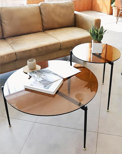 Round Tempered Glass Table: 31.5 inch Large Circle Top Storage Shelf with Metal Frame, Modern Coffee Table Center Desk Luxury Furniture for Living Room, Brown - LeafyLoom