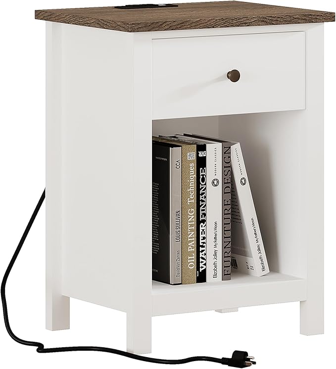 ChooChoo Farmhouse Nightstand with Charging Station, Wooden Top Bedside End Table with Drawer and Storage Space for Bedroom, White - LeafyLoom