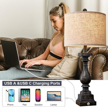 BOBOMOMO Retro 27" USB Charging Ports A/C 3 Way Dimmable Touch Control Black Farmhouse Lamps for Bedrooms Retro Side Table Lamps Set of 2 Bedside Lamp for Side Nightstand Living Room(Bulb Included) - LeafyLoom