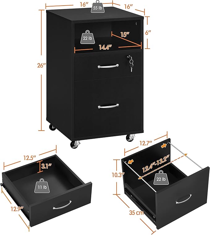 Yaheetech File Cabinet, Under Desk Vertical Cabinet with 2 Drawers and Open Compartment, Printer Stand with Lockable Wheels for A4 Letter Size Hangable File Folders for Home Office(Black) - LeafyLoom