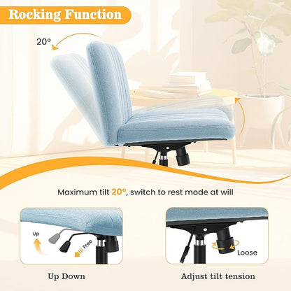 Armless Office Chair with Wheels, Wide Seat Fabric Desk Chair, Height Adjustable Cross Legged Computer Chair for Home Office, Swivel Modern Accent Chair Light Blue - LeafyLoom