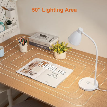 BOHON Desk Lamp for Home Office, LED Desk Light with USB C+A Charging Ports, Wireless Charger, 5 Colors Stepless Dimming Reading Light Timer, Touch Bedside Table Lamp for College Dorm Room White - LeafyLoom