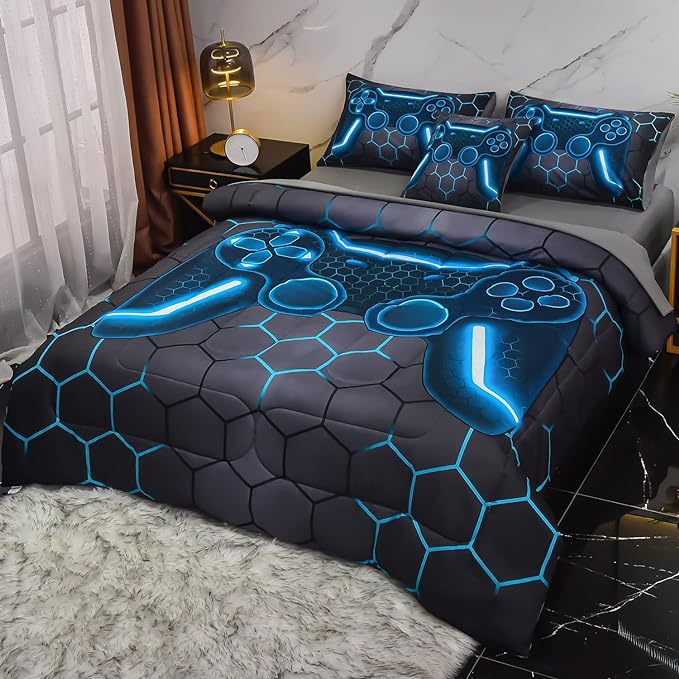 6Pcs Game Console Comforter Set with Sheets for Boys Girls Kids Teens, Geometric Gaming Themed Bed in A Bag Twin Size, Blue 3D Video Gamer Controller Bedroom Decor Bedding Set - LeafyLoom