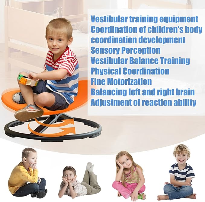 Autism Kids Swivel Chair,Spin Sensory Chair,Kids Spinning Chair,Sit Spin Training Body Coordination,Metal Base Non-Slip Small Desk Chair (Orange) - LeafyLoom