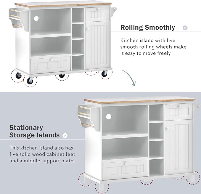 Kitchen Island with Storage on Wheels,Kitchen Island Cart w/Wine Storage Rack and 2 Drawers, Solid Wood Desktop Buffet Server Sideboard for Dining Room, Coffee Bar - LeafyLoom