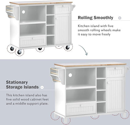 Kitchen Island with Storage on Wheels,Kitchen Island Cart w/Wine Storage Rack and 2 Drawers, Solid Wood Desktop Buffet Server Sideboard for Dining Room, Coffee Bar - LeafyLoom