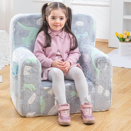 Snuggly-Soft Cuddly Toddler Plush Armchair for Boys and Girls Glowing Grey Fuzzy Plush Kids Sofa Couch Reading Chair with Children Friendly Handle for Easy Movement & Double Pockets for Storage - LeafyLoom