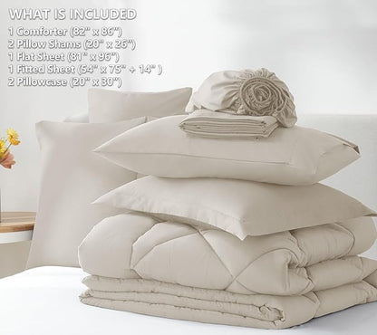 CozyLux Full Comforter Set with Sheets 7 Pieces Bed in a Bag Beige All Season Bedding Sets with Comforter, Pillow Shams, Flat Sheet, Fitted Sheet and Pillowcases - LeafyLoom