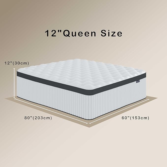 Queen Mattress, 12 Inch Innerspring Hybrid Mattress in a Box with Gel Memory Foam, Individually Wrapped Encased Coil Pocket Spring Mattress, Pressure Relief, Medium Firm Support, 60"*80"*12" - LeafyLoom