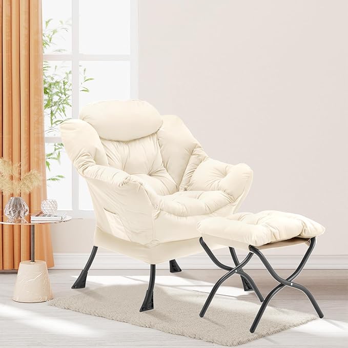 Lazy Chair with Folding Ottoman, Accent Chair Velvet Upholstered with Metal Structure and Non-Slip Pads, Sofa Armchair with Footrest and Side Storage Bag for Dorm, Room, Office, Beige - LeafyLoom