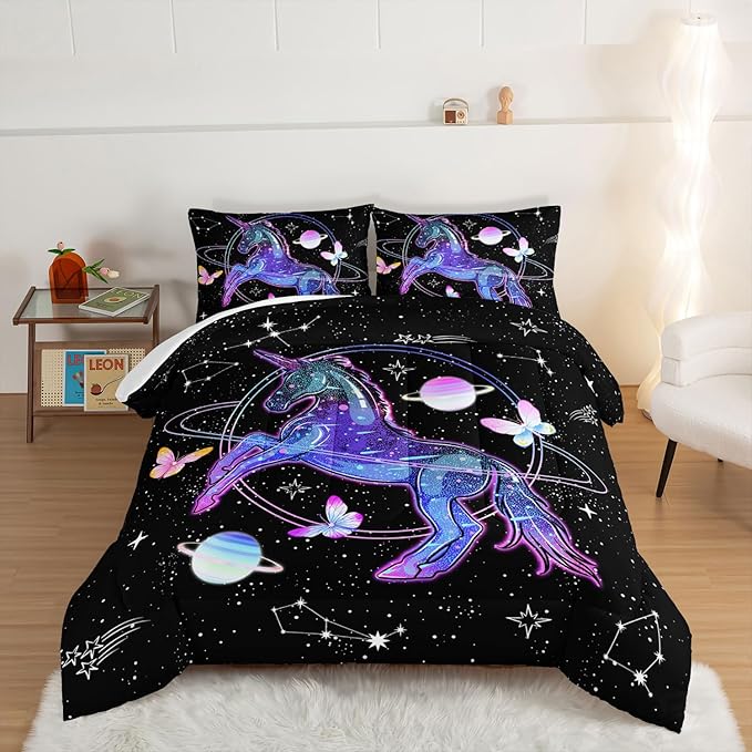 HOSIMA Unicorn Bedding Sets for Girls Kids,Butterfly Star Empty Galaxy Comforter,Unicorn Bedroom Decor for Girls Boys,Soft Microfiber Black King Size Comforter Set,Butterfly Crib Bedding Set. - LeafyLoom