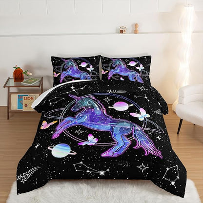 HOSIMA Unicorn Twin Bedding Sets for Girls Kids,Butterfly Star Empty Galaxy Comforter,Unicorn Bedroom Decor for Girls Boys,Soft Black Comforter Twin Bed in a Bag,Butterfly Crib Bedding Set. - LeafyLoom