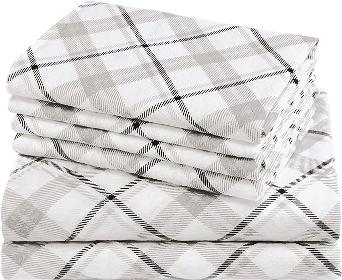 Comfort Spaces Cotton Flannel Breathable Warm Deep Pocket Sheets with Pillow Case Bedding, Cal King, Grey Plaid 4 Piece - LeafyLoom