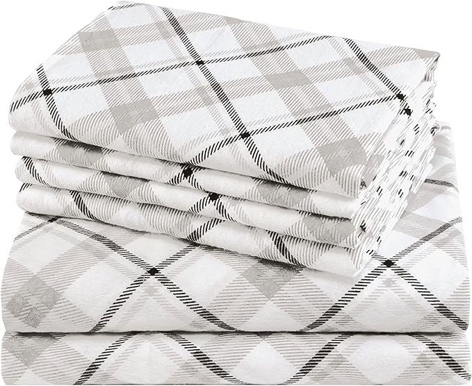 Comfort Spaces Cotton Flannel Breathable Warm Deep Pocket Sheets With Pillow Case Bedding, Twin, Grey Plaid, 3 Piece - LeafyLoom