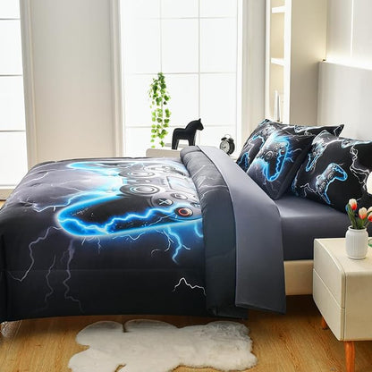 Game Console Twin Comforter Set with Sheets, Microfiber 6 Pcs Bed in A Bag Twin Size Gamer Bedding Set for Boys Kids Teens - LeafyLoom