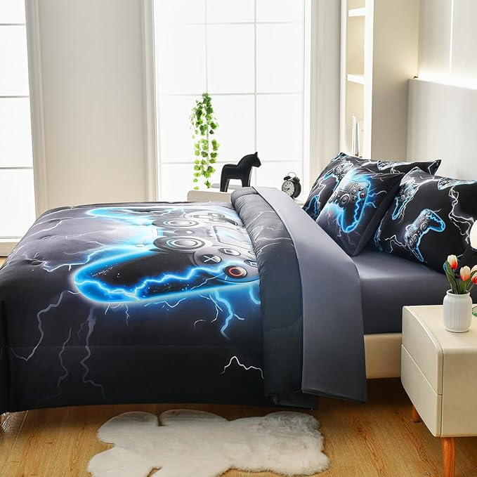 Game Console Full Comforter Set with Sheets, Microfiber 6 Pcs Bed in A Bag Full Size Gamer Bedding Set for Boys Kids Teens - LeafyLoom