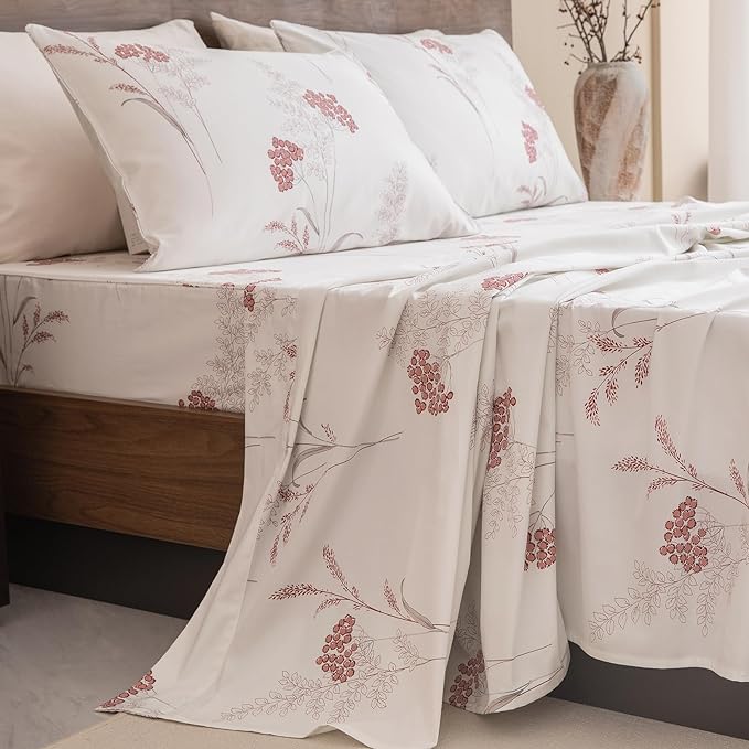 QSH Floral Bed Sheets King Size - 100% Egyptian Cotton Floral Bedding Sheets Aesthetic Flower Pattern Printed Bedding King Size Bed Sheets 17.5" Extra Deep Pocket 4pcs - LeafyLoom