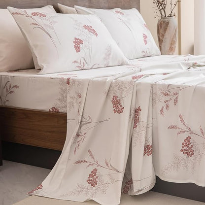 QSH Floral Bed Sheets Queen Size - 100% Egyptian Cotton Sheets Elegant Aesthetic Flower Pattern Printed Bedding Sheets Queen Size Bed Extra Soft and Breathable 4pcs Deep Pockets Bed Sheets - LeafyLoom