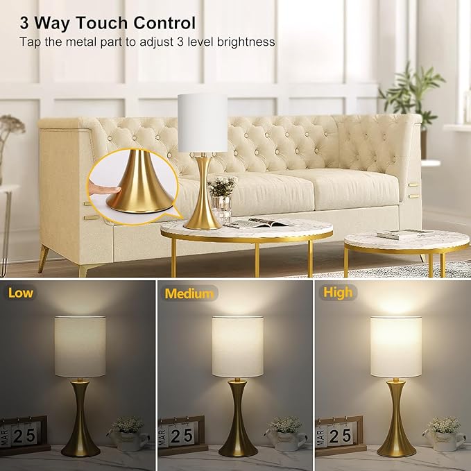 Gold Bedside Lamp Touch Control Table Lamp for Bedroom, 3-Way Dimmable Nightstand Lamp with White Shade, Modern Table Lamp for Living Room, Minimalist Desk Lamp for Dorm, Home, Office, Bulb Included - LeafyLoom