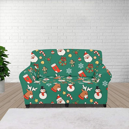 FKELYI Christmas Decorations Green Sofa Slipcover Santa Claus Stretch Sofa Couch Cover for Indoor Washable Furniture Protector with Elastic Bottom M FKELYI