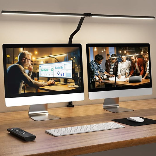 LED Desk Lamp for Home Office, Remote Control Computer Desk Light Bright Table Lamp for Study Dimmable Desk Lighting with Clamp Adjustable Gooseneck, Double Head, 24W, Black - LeafyLoom