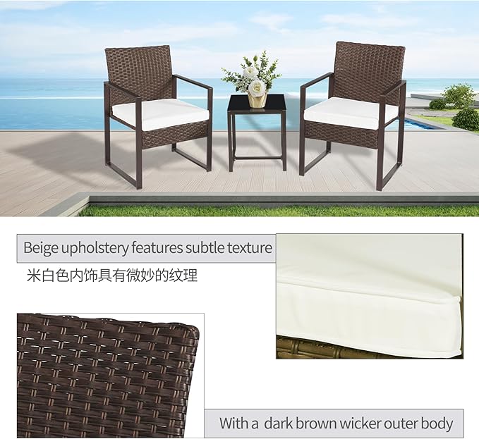 3 Pieces Patio Furniture Set Outdoor Wicker Bistro set Rattan Chair Conversation Sets with Coffee Table for Porch, Balcony,Garden,Backyard and Removable Cushions Beige - LeafyLoom