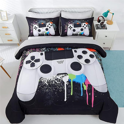 KAKKI 5 Piece Boys Full Gamer Comforter Set with Sheets, 3D Colorful Video Game Controller Comforter for Kids Teen, All Season Soft Microfiber Gaming Bedding Set(White,Full) - LeafyLoom