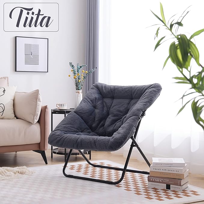 Tiita Comfy Saucer Chair, Soft Faux Fur Oversized Folding Accent Chair, Lounge Lazy Chair for Kids Teens Adults, Metal Frame Moon Chair for Bedroom, Living Room, Dorm Rooms - LeafyLoom