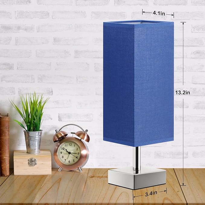 Navy Blue Small Lamp for Bedroom - Bedside Lamps for Nightstand, Minimalist Night Stand Lamp with Square Fabric Shade, Desk Reading Lamp for Boys Room Living Room Office with Sliver Base - LeafyLoom