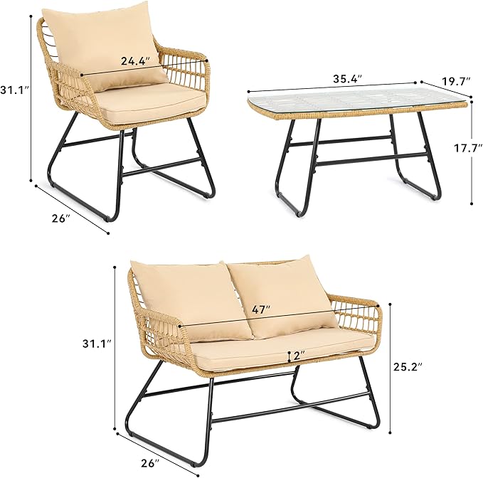 YITAHOME 4-Piece Patio Furniture Wicker Outdoor Bistro Set, All-Weather Rattan Conversation Loveseat Chairs for Backyard, Balcony and Deck with Soft Cushions and Metal Table (Light Brown+Beige) - LeafyLoom