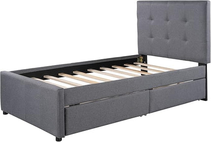 Bellemave Upholstered Twin Size Platform Bed Frame with 2 Storage Drawers and Headboard, Linen Fabric Simple Style, Solid Wooden Slats Support, No Box Spring Needed, Grey - LeafyLoom