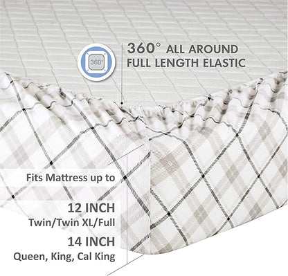 Comfort Spaces Cotton Flannel Breathable Warm Deep Pocket Sheets with Pillow Case Bedding, Cal King, Grey Plaid 4 Piece - LeafyLoom