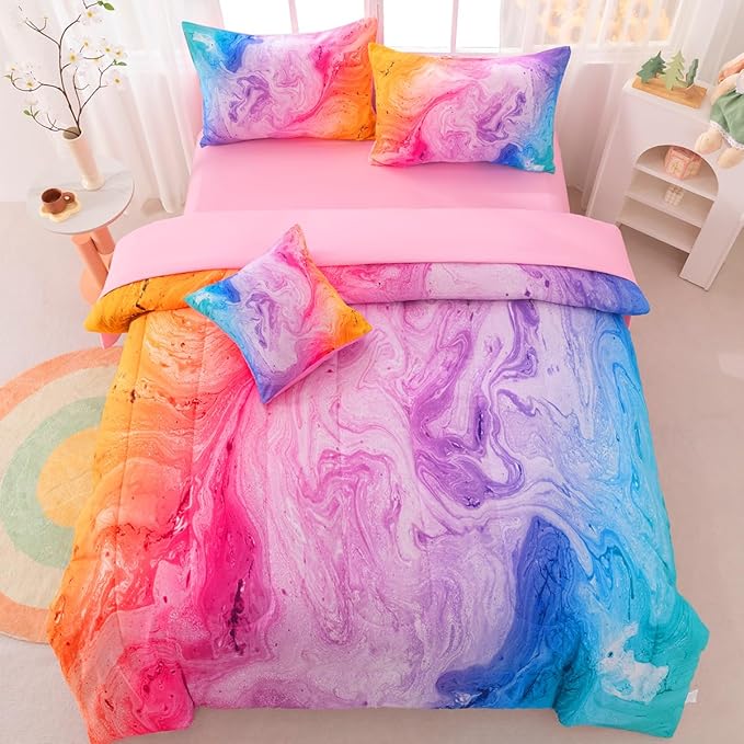 Girls Full Bedding Sets, 6 Pcs Pink Full Szie Comforter Set with Sheets, Watercolor Marble Abstract Art Superior Bedding Set for Girls Kids - LeafyLoom