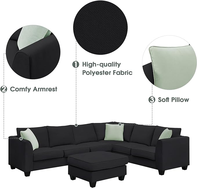 Modern Large U Sectional Sofa, 7 Seat with Movable Ottoman, L Shape Corner Couch for Living Room Furniture Sets Apartment,Office, E-Black - LeafyLoom