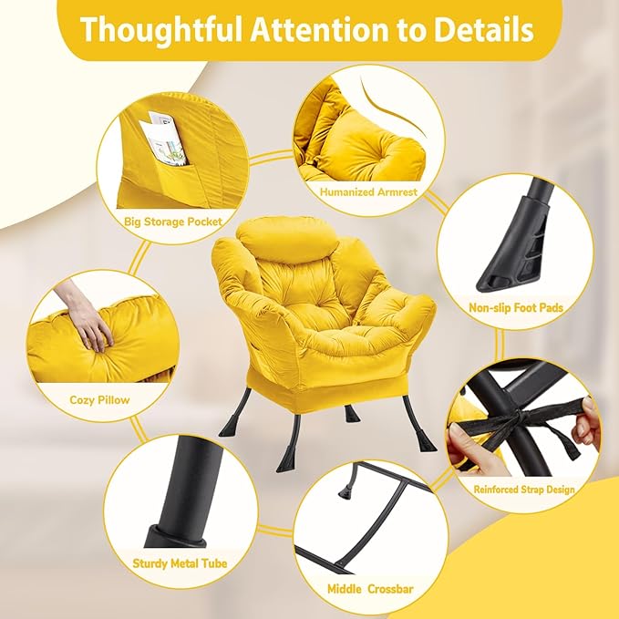 Lazy Chair Thick Padded, Accent Chair Velvet Upholstered with Wide Seat, Stable Metal Frame and Non-Slip Pad, Modern Sofa Armchair with Side Storage Bag for Dorm, Room, Office, Yellow - LeafyLoom