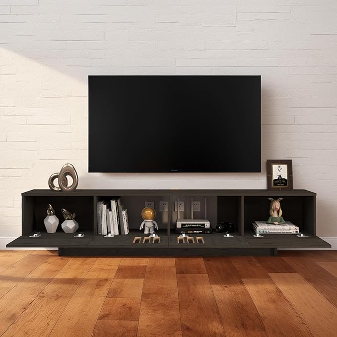 Pmnianhua Floating TV Stand,85'' Wall Mounted TV Cabinet, Mid Century TV Bench Under TV Entertainment Center Shelf TV Console Table with 4 Cabinets for Living Room Bedroom (Dark Grey) - LeafyLoom