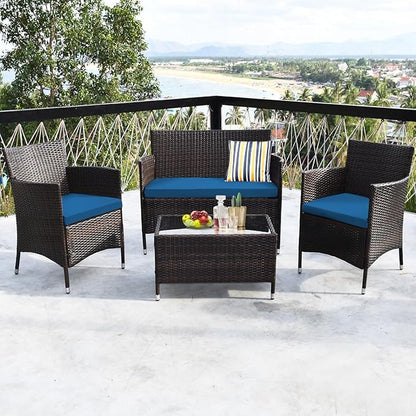 Goplus 4-Piece Rattan Patio Set, Outdoor/Indoor Wicker Conversation Set for Pool, Backyard, Lawn, Wicker Chairs and Sofa with Soft Cushion, Rattan Furniture with Tempered Glass Coffee Table - LeafyLoom