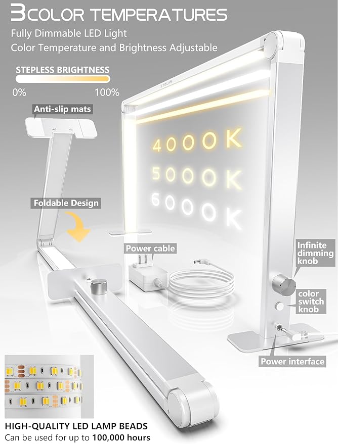 LED Desk Lamp 36W, 4000-6000K Dimmable Table Lamp, 3 Lighting Modes, Square Desk Light for Study, Model Building, Painting, Crafting-White - LeafyLoom