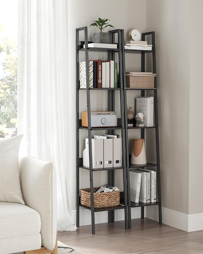 VASAGLE Bookshelf, 5-Tier Narrow Bookcase, Ladder Shelf for Home Office, Living Room, Bedroom, Kitchen, Ebony Black and Ink Black ULLS109B56 - LeafyLoom