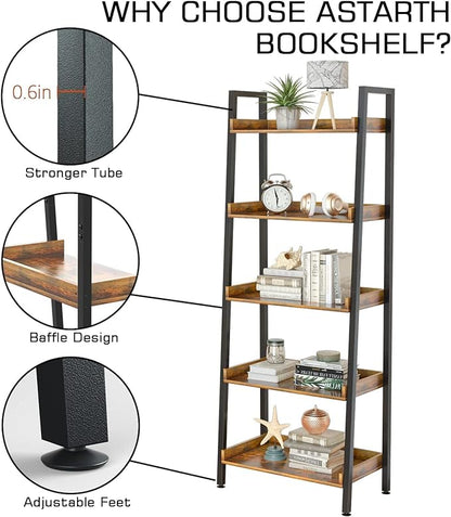 ASTARTH Ladder Shelf-5 Tier Bookshelves w/Open Shelf for Storage, Industrial Bookshelf & Tall Ladder Shelf-Metal Frame for Bedroom, Living Room, Kitchen-67.3'' H, Easy Assembly, Rustic Brown - LeafyLoom