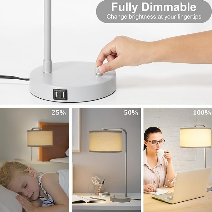 Table Lamp with USB Ports, Fully Dimmable Nightstand Lamp for Living Room, Modern Grey Bedside Lamp, Tall Table Lamp with Beige Shade Minimalist Desk Lamp for Bedroom Office, LED Bulb Included - LeafyLoom