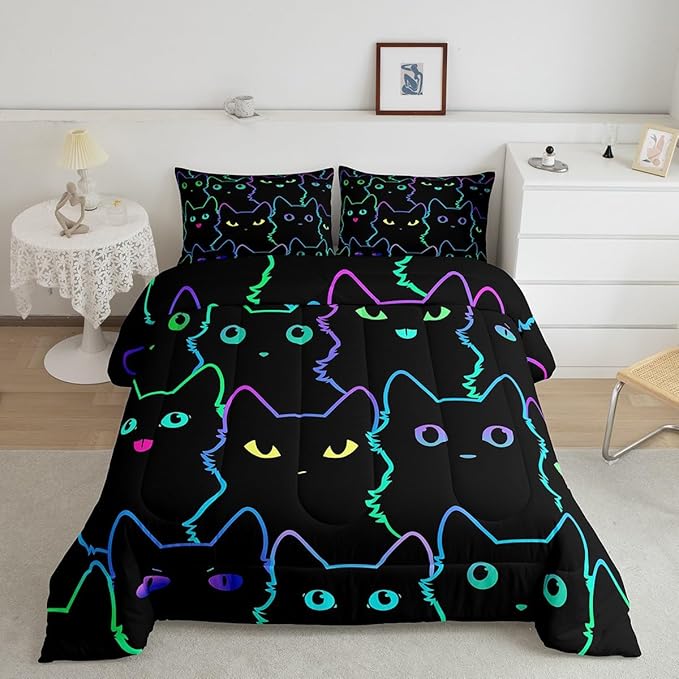 Erosebridal Kids Bedding Cartoon Cat Comforter Set Twin Size,Gradient Line Cute Cat Bedding Set for Teens Boys Girls Adults Room Decor,Lovely Animal Kitten Print Comforter All Season,Rainbow Black - LeafyLoom