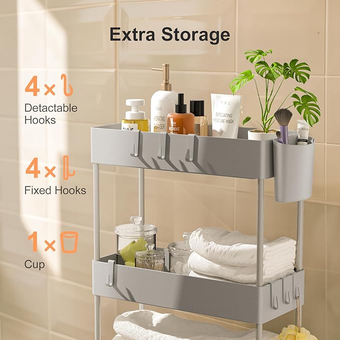 Pipishell Slim Storage Cart with Wheels, 4 Tier Bathroom Storage Organizer Rolling Utility Cart for Bathroom Kitchen Laundry Room Office Narrow Place (Gray) - LeafyLoom