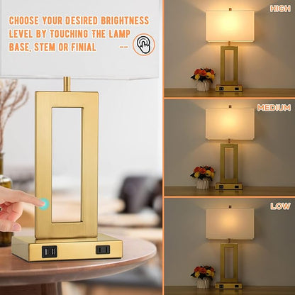 22’’ Table Lamps for Bedrooms Set of 2, Gold Bedside USB Desk Lamp with AC Outlet, Touch Control Modern Vintage Living Room Table Lamp for Nightstand End Table, 3-Way Dimming with 2 E26 Edison Bulbs - LeafyLoom